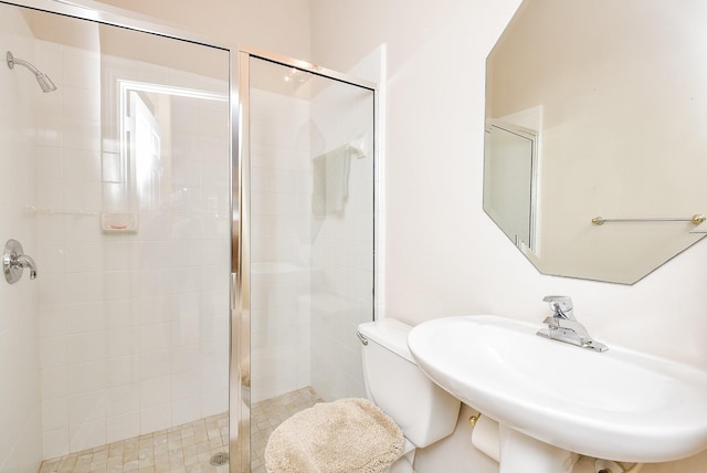 bathroom with sink, a shower with door, and toilet