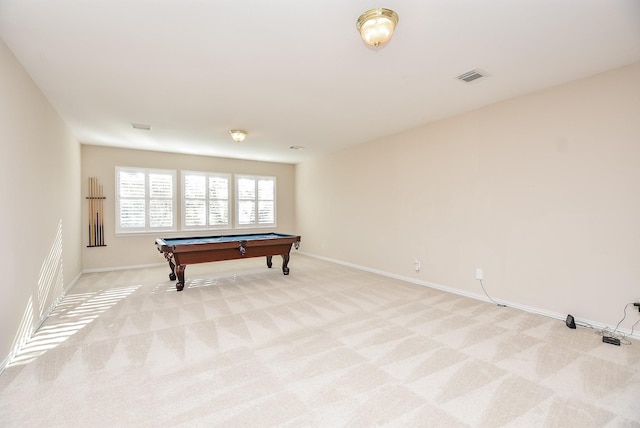 game room with light colored carpet and pool table