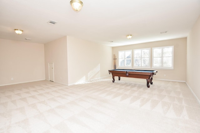 game room with light carpet and pool table