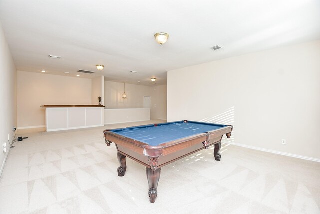 game room with light carpet and pool table