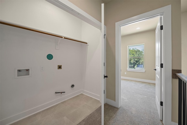 laundry room with gas dryer hookup, hookup for a washing machine, light carpet, and hookup for an electric dryer