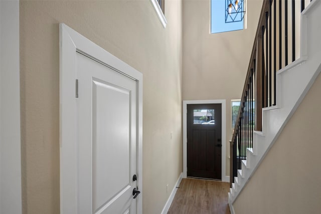 entrance foyer with light hardwood / wood-style flooring and a high ceiling