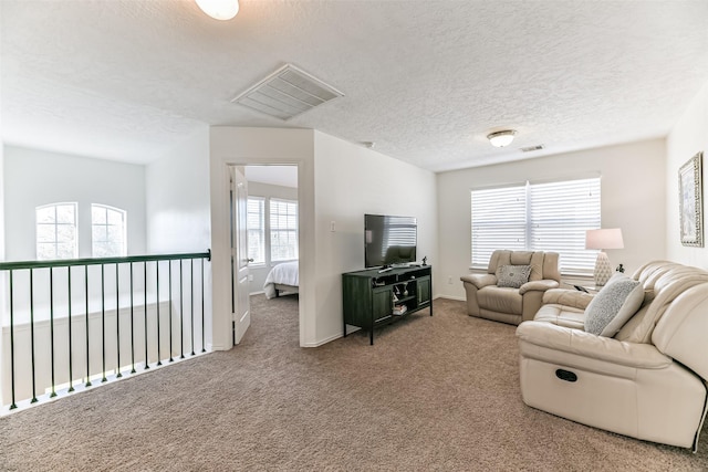 living room featuring carpet flooring and a textured ceiling