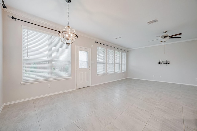 unfurnished room with ceiling fan with notable chandelier, a healthy amount of sunlight, light tile patterned floors, and crown molding