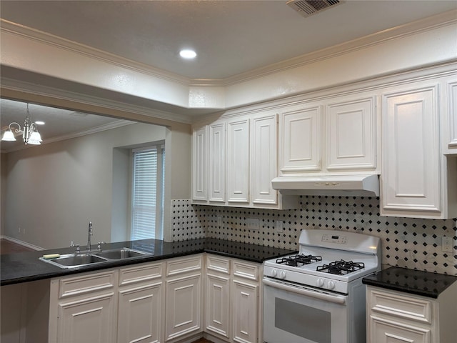 kitchen featuring sink, ornamental molding, white cabinetry, white range with gas cooktop, and a chandelier