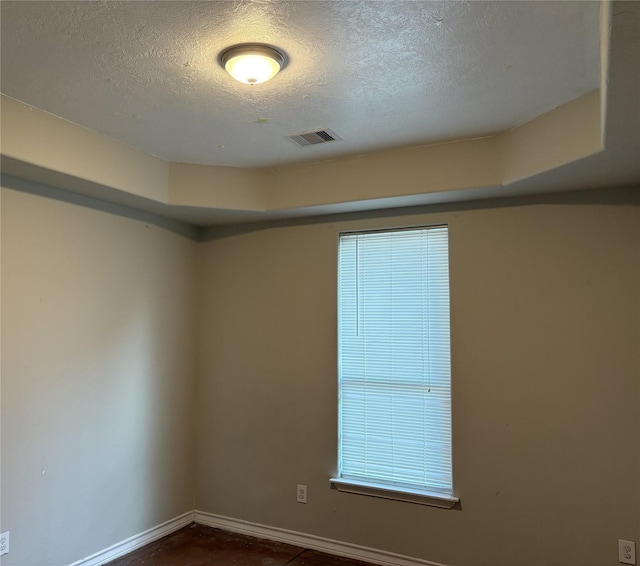 spare room with a textured ceiling and a tray ceiling