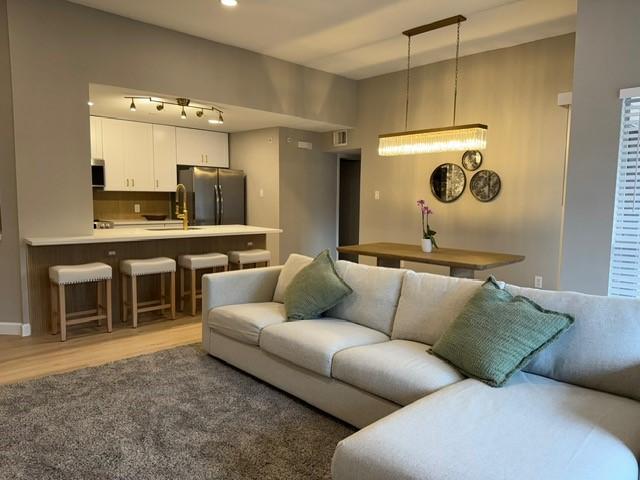 living room with hardwood / wood-style flooring and sink