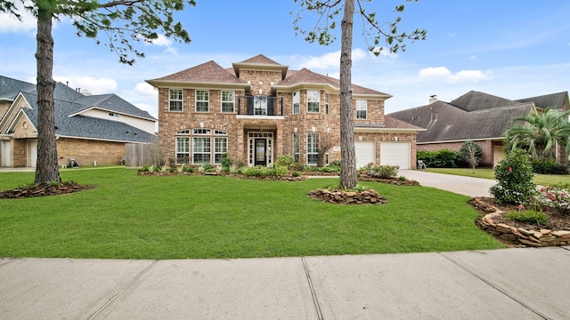 view of front of home with a garage, a balcony, and a front yard