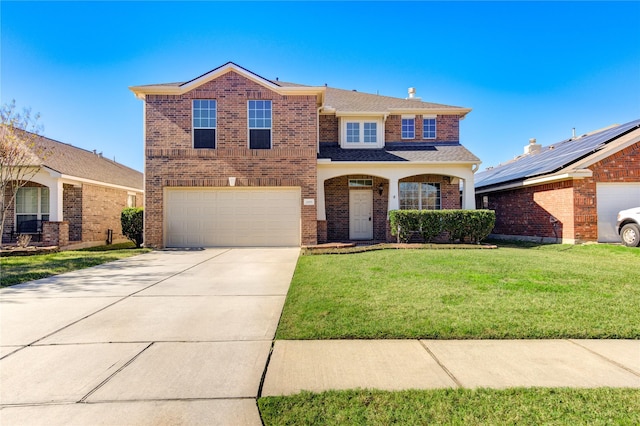 view of front of home with a front yard and a garage