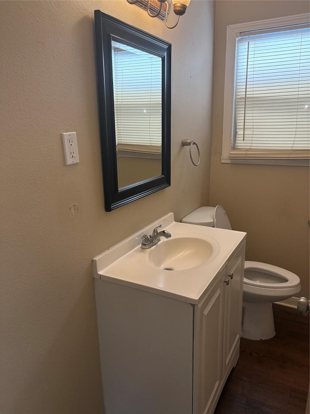 bathroom with hardwood / wood-style flooring, vanity, and toilet