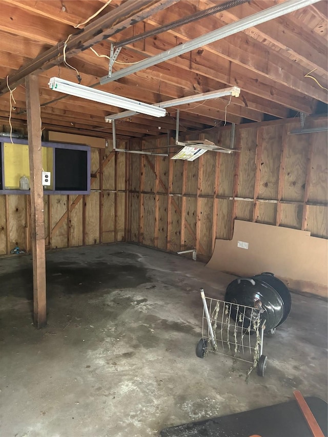 basement featuring wooden walls