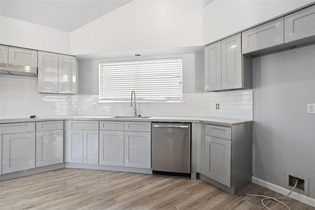 kitchen with decorative backsplash, stainless steel dishwasher, sink, light hardwood / wood-style flooring, and gray cabinets