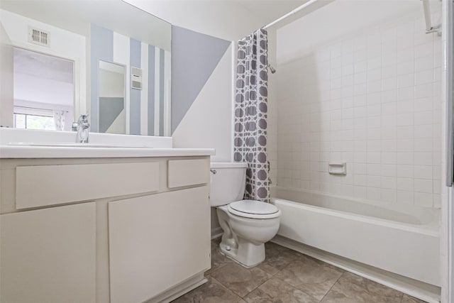 full bathroom featuring toilet, vanity, and shower / tub combo with curtain