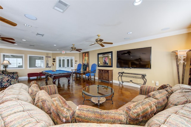 living room with ornamental molding and billiards