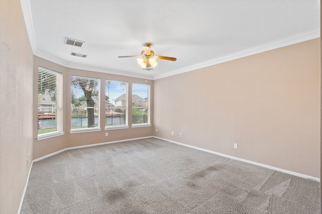 empty room featuring carpet, ceiling fan, and ornamental molding