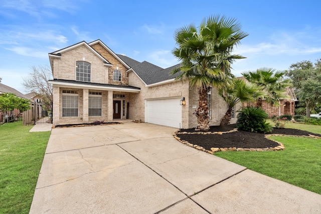 view of front of home with a front yard and a garage