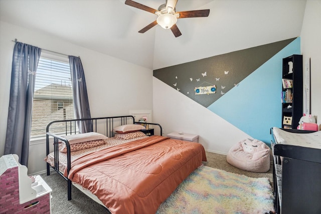 bedroom with carpet floors, ceiling fan, and lofted ceiling