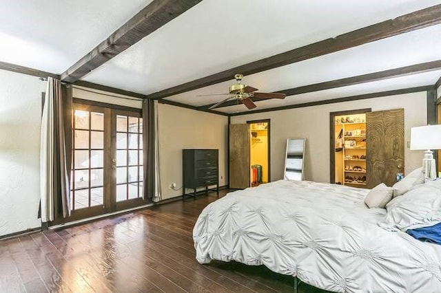 bedroom featuring beam ceiling, dark hardwood / wood-style flooring, ceiling fan, and french doors