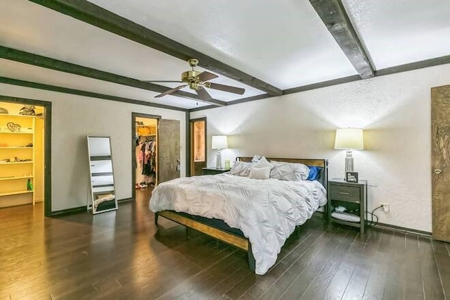 bedroom with a walk in closet, dark hardwood / wood-style flooring, ceiling fan, beam ceiling, and a closet