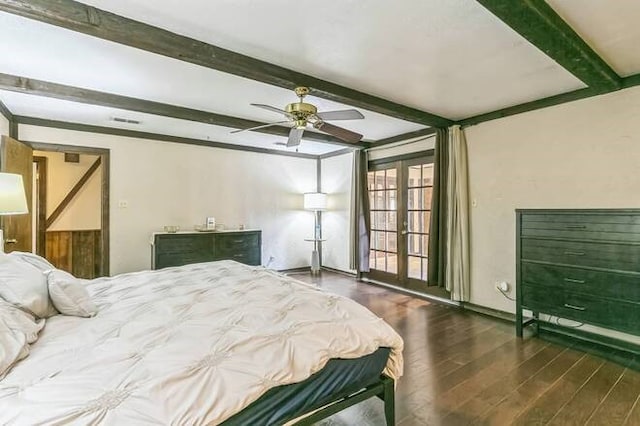 bedroom with french doors, dark hardwood / wood-style flooring, ceiling fan, and beam ceiling