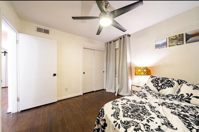 bedroom with dark hardwood / wood-style flooring, a closet, and ceiling fan