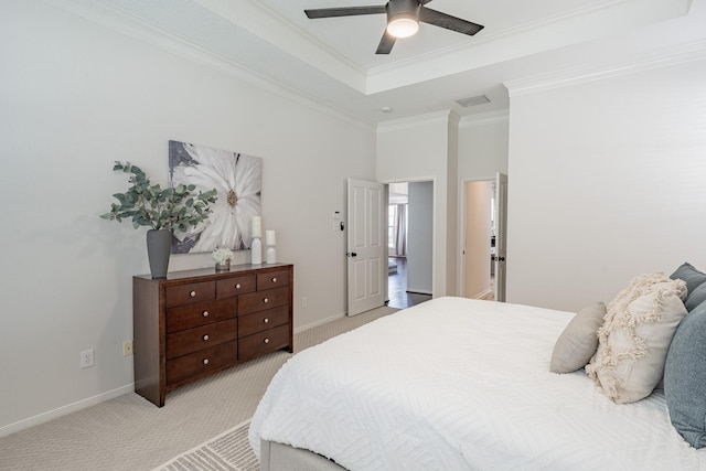 bedroom with light carpet, ornamental molding, a raised ceiling, a towering ceiling, and ceiling fan