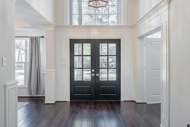 foyer entrance featuring french doors, a healthy amount of sunlight, and dark hardwood / wood-style flooring