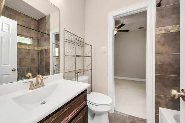 bathroom featuring tile patterned flooring, vanity, ceiling fan, and toilet