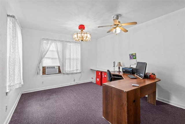 carpeted office space with ceiling fan with notable chandelier and cooling unit