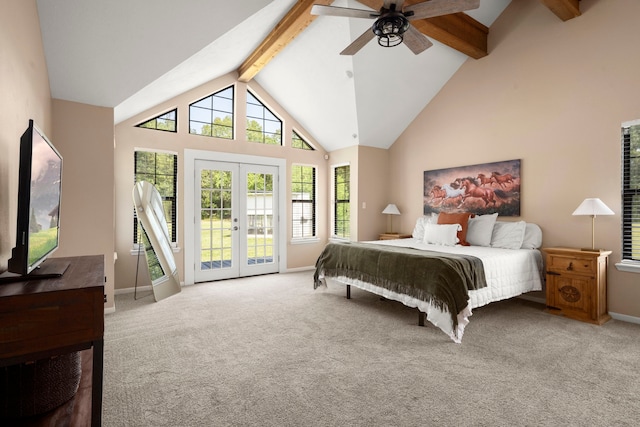 carpeted bedroom with beam ceiling, access to exterior, ceiling fan, and french doors