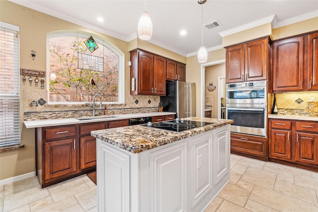 kitchen featuring backsplash, ornamental molding, sink, black appliances, and pendant lighting