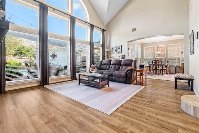 living room featuring plenty of natural light, light hardwood / wood-style floors, and a high ceiling