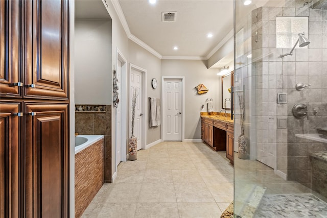 bathroom with crown molding, tile patterned flooring, vanity, and plus walk in shower