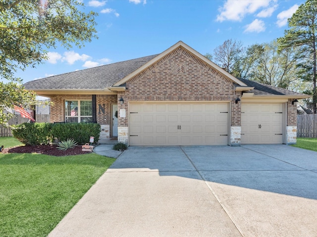 ranch-style home featuring a garage and a front lawn