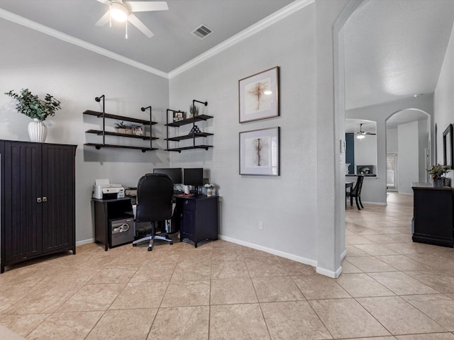 office area with light tile patterned floors, ceiling fan, and crown molding