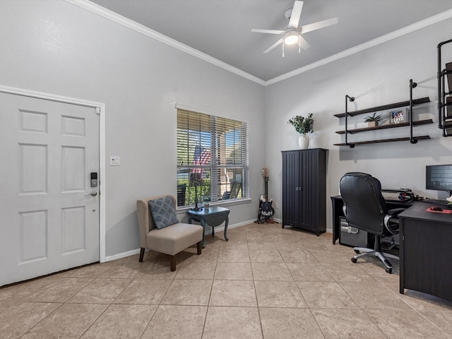 tiled office space featuring ceiling fan and ornamental molding