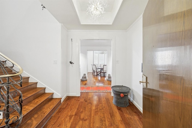 hallway featuring a raised ceiling, ornamental molding, wood-type flooring, and a notable chandelier