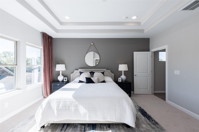 bedroom featuring carpet and a raised ceiling