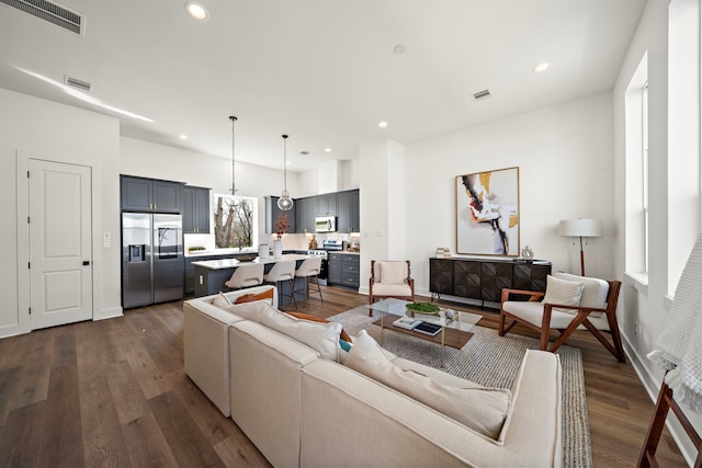 living room featuring dark wood-type flooring