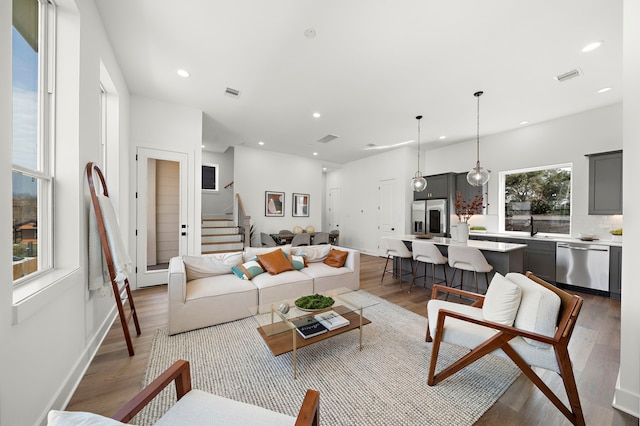 living room with dark hardwood / wood-style floors and sink