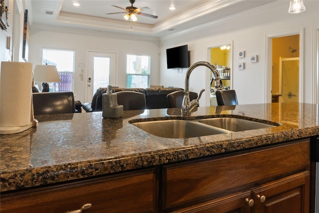 kitchen with dark stone counters, a raised ceiling, ceiling fan, crown molding, and sink