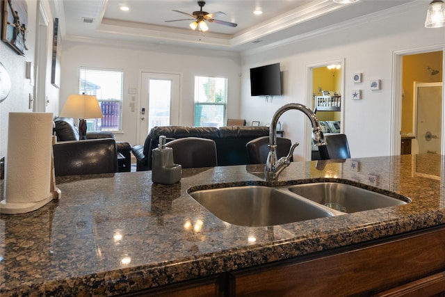 kitchen featuring a tray ceiling, dark stone countertops, sink, and plenty of natural light