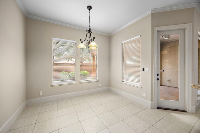 unfurnished dining area with a notable chandelier, ornamental molding, and light tile patterned floors