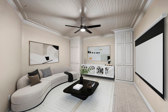 carpeted living room with crown molding and ceiling fan