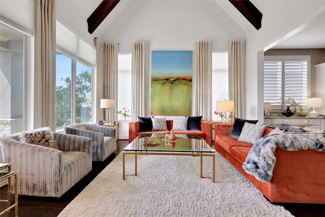 living room featuring beamed ceiling, high vaulted ceiling, and a wealth of natural light