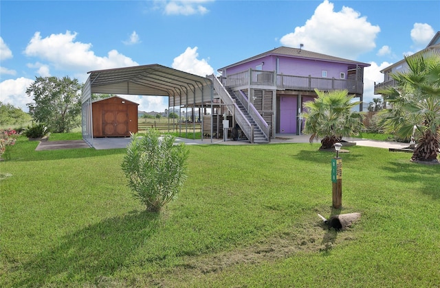 exterior space featuring a deck and a storage shed