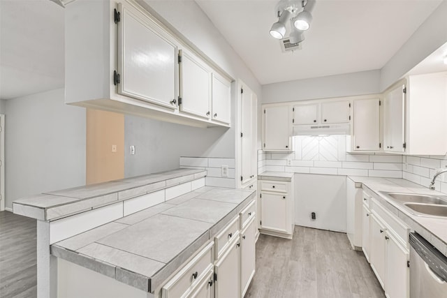 kitchen with stainless steel dishwasher, white cabinets, kitchen peninsula, and sink