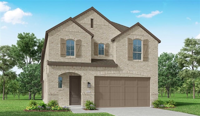 french country inspired facade with a garage, driveway, brick siding, and a front lawn