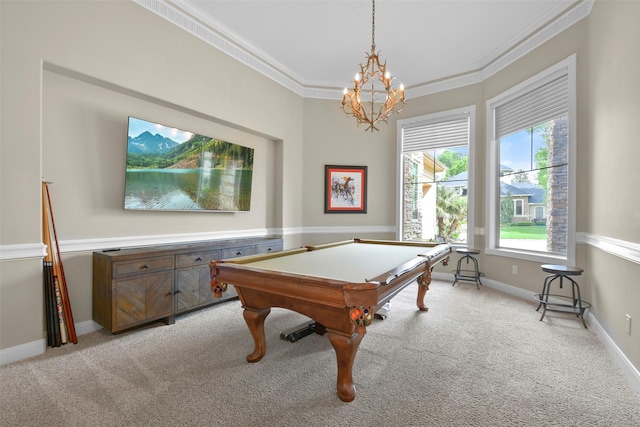 rec room featuring a chandelier, crown molding, pool table, and light carpet