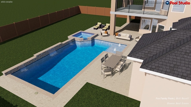 view of swimming pool featuring pool water feature, a patio, and an in ground hot tub